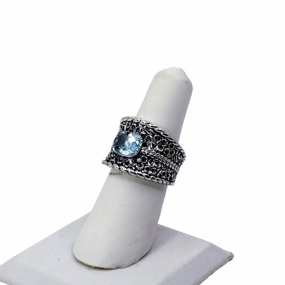 John Hardy JAI Blue Topaz+Floral Textured Saddle Band Sterling Silver Ring-7 NIB - Picture 5 of 14